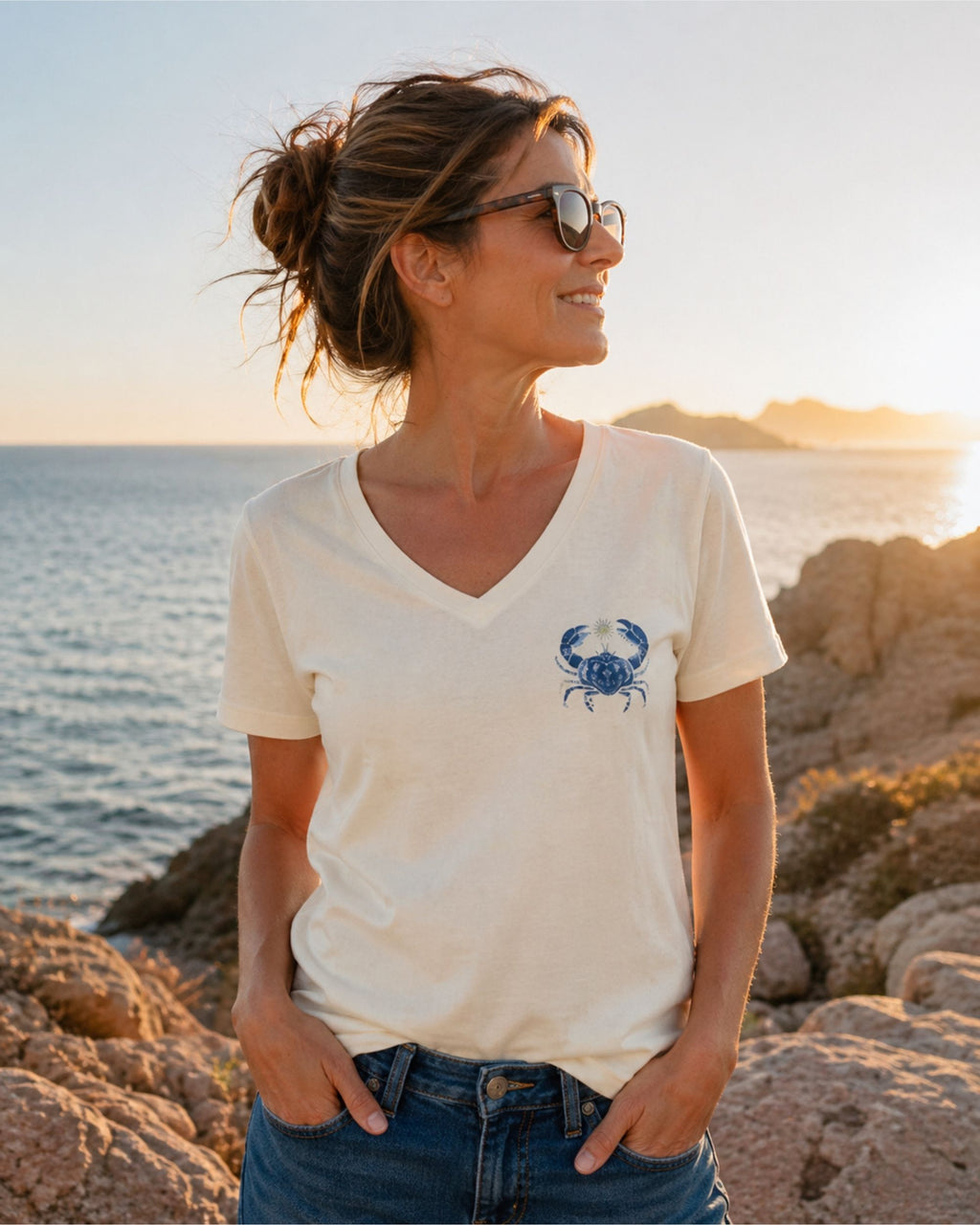 T-shirt coton Col V - Crabe bleu