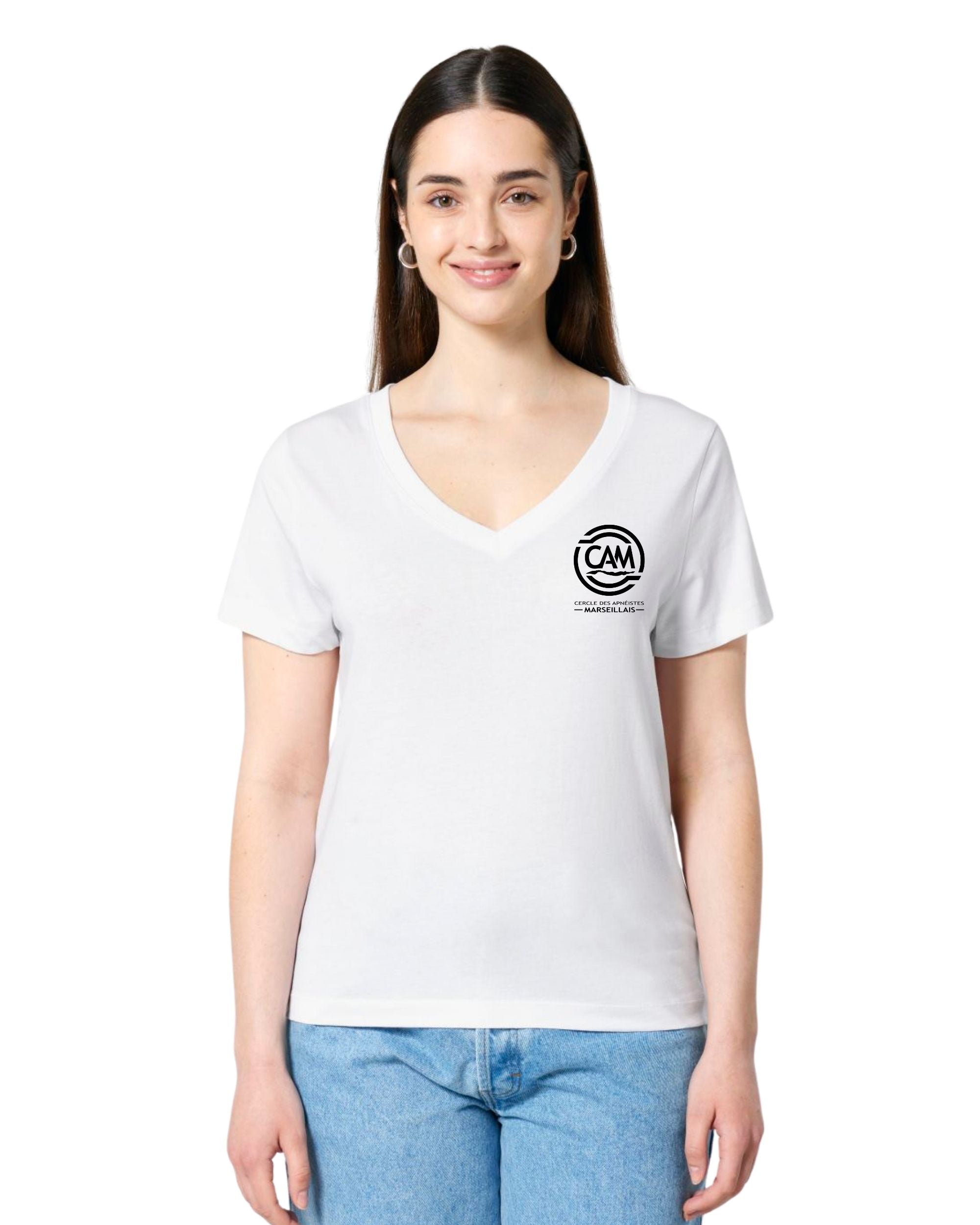 T-shirt Club CAM Col V -BLANC/IVOIRE (Femme)