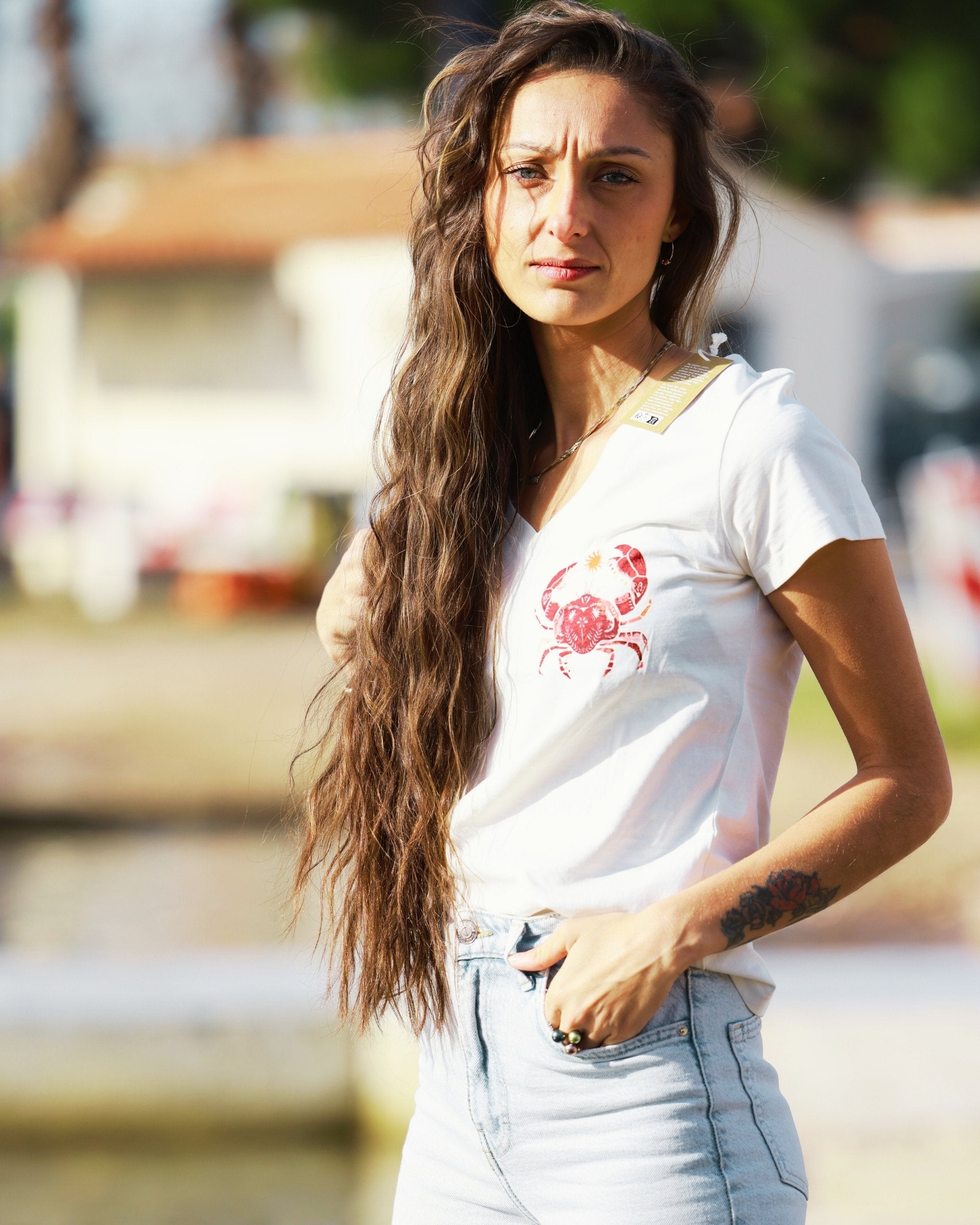 T-shirt coton Col V - Crabe orange