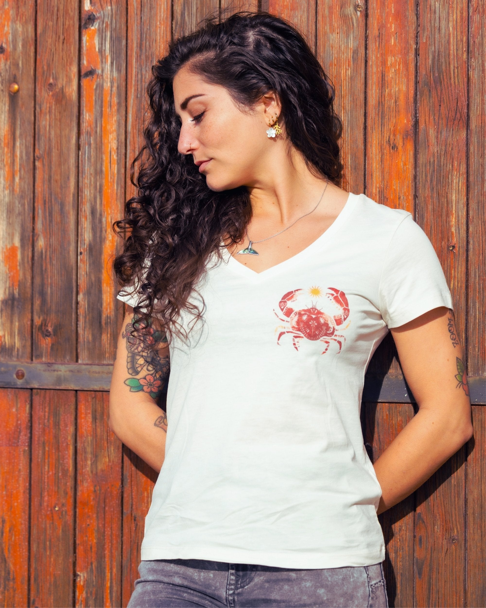 T-shirt coton Col V - Crabe orange