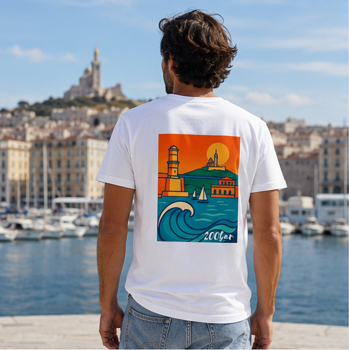 T-shirt Marseille 200bar, imprimé Vieux-Port au dos, porté par un homme