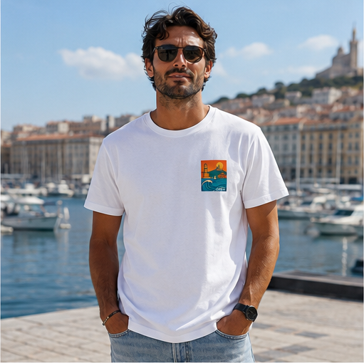 T-shirt Marseille 200bar porté par un homme devant le Vieux-Port