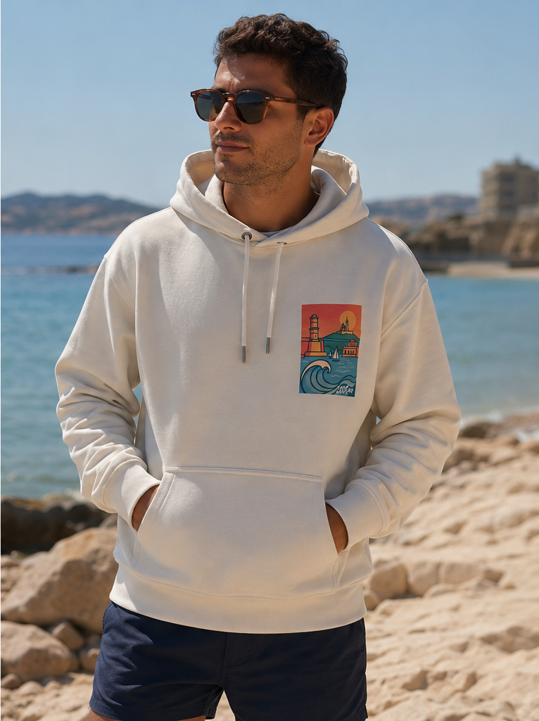 Sweat à capuche Mon Marseille 200bar porté par un homme au bord de l'eau