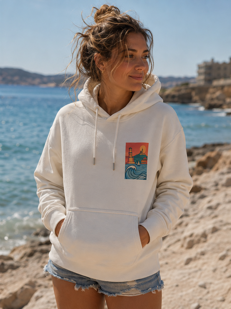 Sweat à capuche Mon Marseille 200bar porté par une femme au bord de l'eau