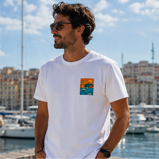 T-shirt Marseille 200bar, homme de trois-quarts devant le Vieux-Port